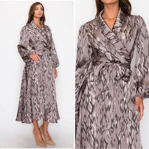 Elegant Ikat Patterned Satin Wrap Dress